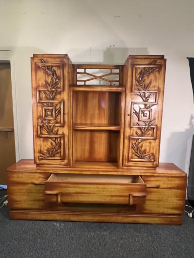 James Mont MID CENTURY CARVED BAMBOO DESIGN LACQUERED WOOD CABINET BY JAMES MONT