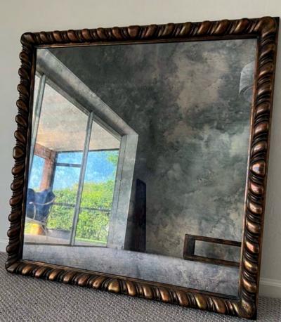 James Mont MIXED METALLIC LEAF FINISH CARVED WOOD MIRROR WITH ANTIQUE MIRROR BY JAMES MONT