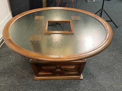 James Mont MODERNIST GREEK KEY DESIGN WOOD AND TEXTURED GLASS PLANTER TABLE BY JAMES MONT