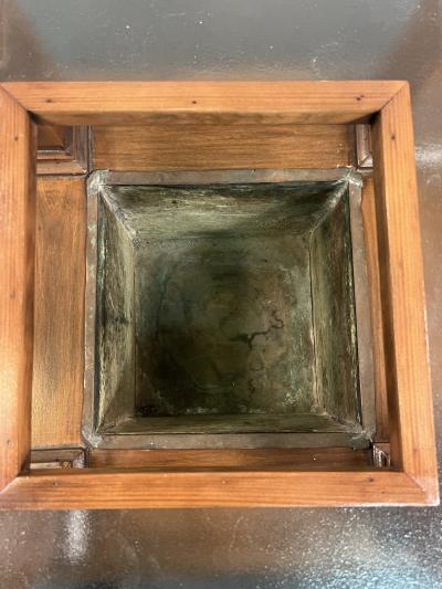 James Mont MODERNIST GREEK KEY DESIGN WOOD AND TEXTURED GLASS PLANTER TABLE BY JAMES MONT