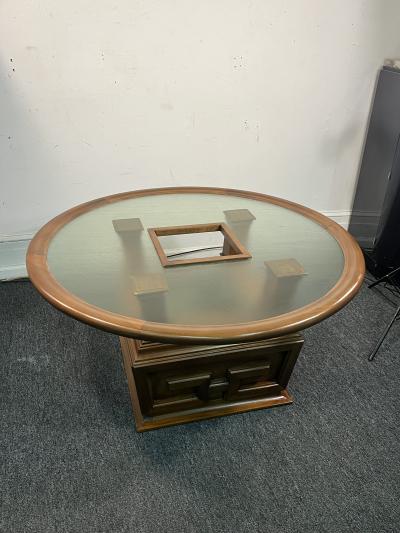 James Mont MODERNIST GREEK KEY DESIGN WOOD AND TEXTURED GLASS PLANTER TABLE BY JAMES MONT