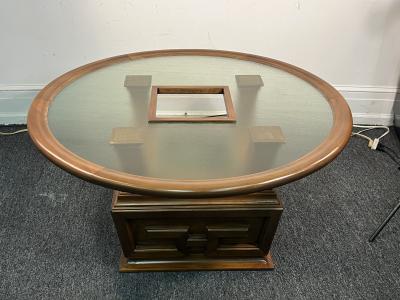 James Mont MODERNIST GREEK KEY DESIGN WOOD AND TEXTURED GLASS PLANTER TABLE BY JAMES MONT