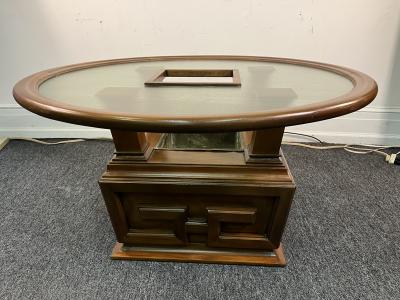 James Mont MODERNIST GREEK KEY DESIGN WOOD AND TEXTURED GLASS PLANTER TABLE BY JAMES MONT