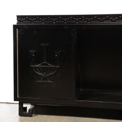 James Mont Mid Century Sideboard in Black Lacquer with Greek Key Detail by James Mont