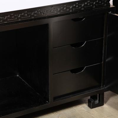 James Mont Mid Century Sideboard in Black Lacquer with Greek Key Detail by James Mont