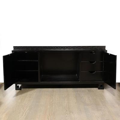 James Mont Mid Century Sideboard in Black Lacquer with Greek Key Detail by James Mont