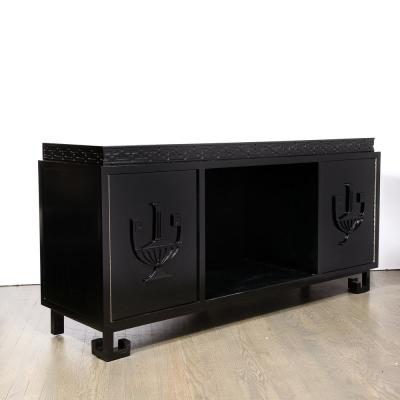 James Mont Mid Century Sideboard in Black Lacquer with Greek Key Detail by James Mont