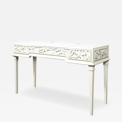 James Mont Mid Century Vanity Writing Desk w Carved Bamboo Motif Signed James Mont