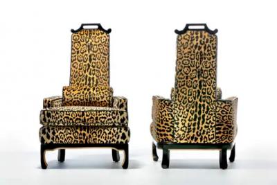 James Mont Pair of 1960s Hollywood Regency Chairs in Leopard Velvet Black Leather Piping