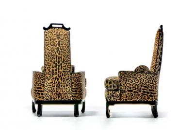 James Mont Pair of 1960s Hollywood Regency Chairs in Leopard Velvet Black Leather Piping