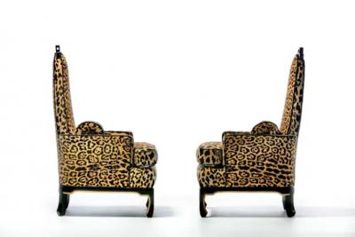 James Mont Pair of 1960s Hollywood Regency Chairs in Leopard Velvet Black Leather Piping