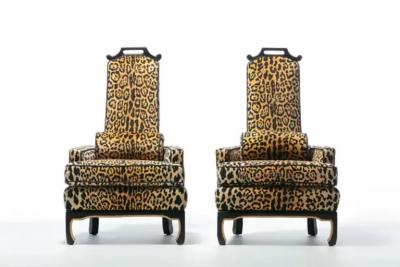 James Mont Pair of 1960s Hollywood Regency Chairs in Leopard Velvet Black Leather Piping