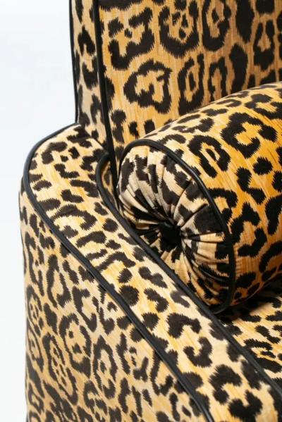 James Mont Pair of 1960s Hollywood Regency Chairs in Leopard Velvet Black Leather Piping