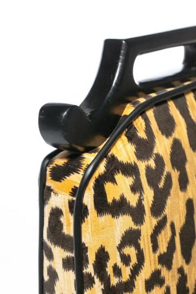 James Mont Pair of 1960s Hollywood Regency Chairs in Leopard Velvet Black Leather Piping