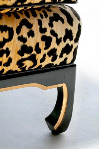 James Mont Pair of 1960s Hollywood Regency Chairs in Leopard Velvet Black Leather Piping