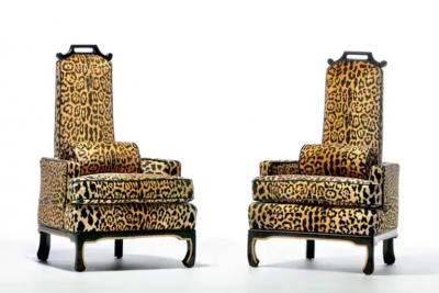James Mont Pair of 1960s Hollywood Regency Chairs in Leopard Velvet Black Leather Piping
