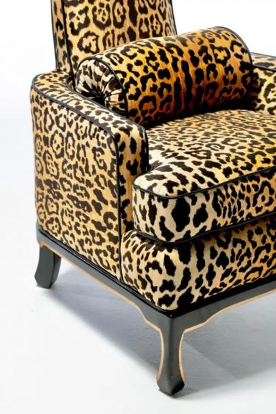James Mont Pair of 1960s Hollywood Regency Chairs in Leopard Velvet Black Leather Piping