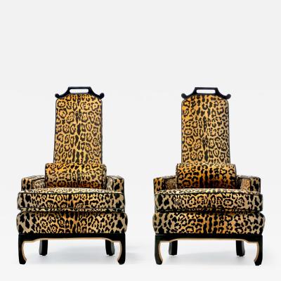 James Mont Pair of 1960s Hollywood Regency Chairs in Leopard Velvet Black Leather Piping