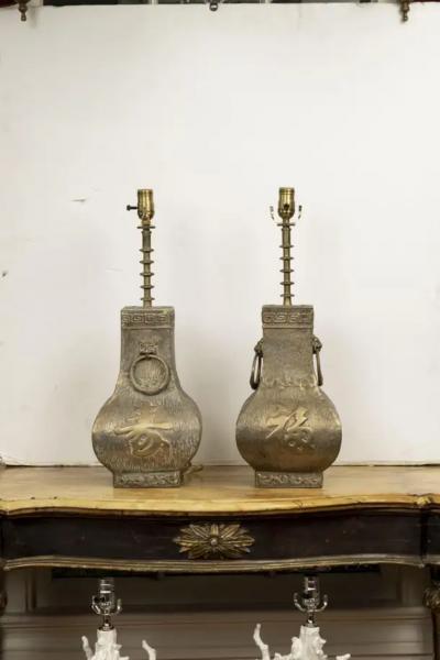 James Mont Pair of Asian Modern Brass Lamps by James Mont