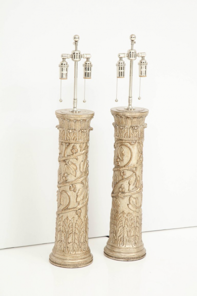 James Mont Pair of Carved Wooden Lamps by James Mont 