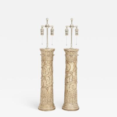 James Mont Pair of Carved Wooden Lamps by James Mont 