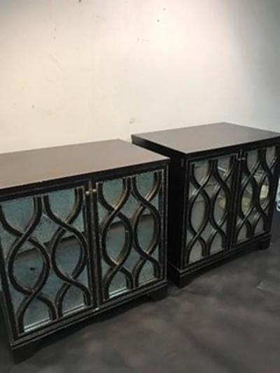 James Mont Pair of James Mont Inspired Mirrored Commodes with Beautiful Carved Wood Overlay