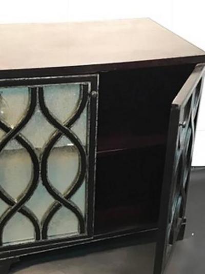 James Mont Pair of James Mont Inspired Mirrored Commodes with Beautiful Carved Wood Overlay