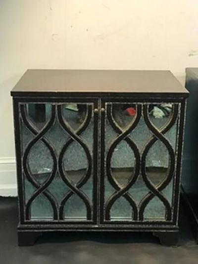 James Mont Pair of James Mont Inspired Mirrored Commodes with Beautiful Carved Wood Overlay