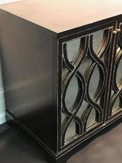 James Mont Pair of James Mont Inspired Mirrored Commodes with Beautiful Carved Wood Overlay