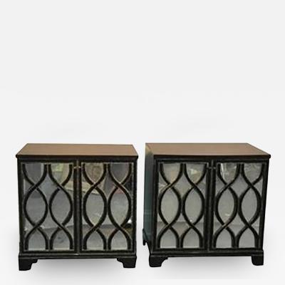 James Mont Pair of James Mont Inspired Mirrored Commodes with Beautiful Carved Wood Overlay