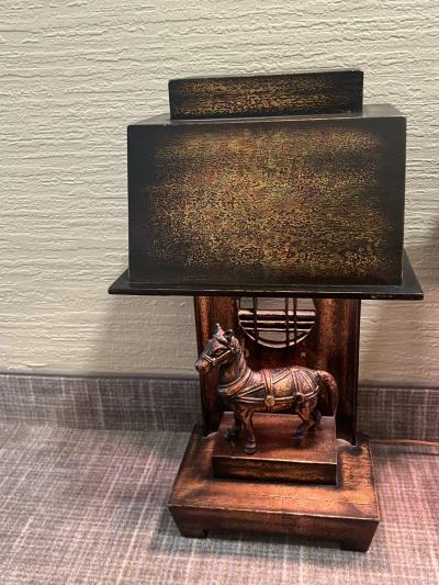 James Mont RARE PAIR OF JAMES MONT MIXED METALLIC FINISHES WOOD METAL HORSE LAMPS