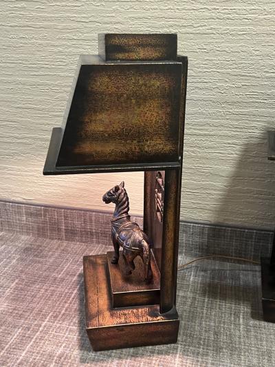 James Mont RARE PAIR OF JAMES MONT MIXED METALLIC FINISHES WOOD METAL HORSE LAMPS