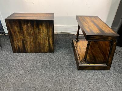 James Mont RARE PAIR OF SIDE TABLES WITH MIXED METALLIC LEAF FINISH BY JAMES MONT