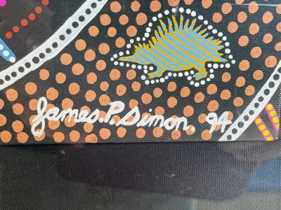 James P Simon Australian Aboriginal Painting in Lucite Shadowbox Signed 