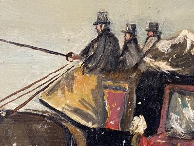 James Pollard 19TH CENTURY WINTER LANDSCAPE HORSES WITH CARRIAGE PAINTING ON BOARD