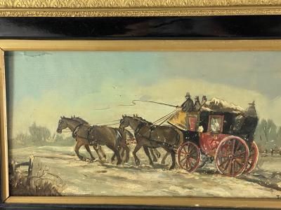 James Pollard 19TH CENTURY WINTER LANDSCAPE HORSES WITH CARRIAGE PAINTING ON BOARD