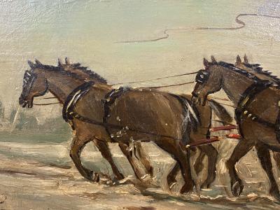 James Pollard 19TH CENTURY WINTER LANDSCAPE HORSES WITH CARRIAGE PAINTING ON BOARD