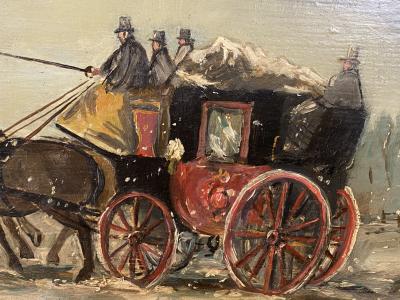 James Pollard 19TH CENTURY WINTER LANDSCAPE HORSES WITH CARRIAGE PAINTING ON BOARD