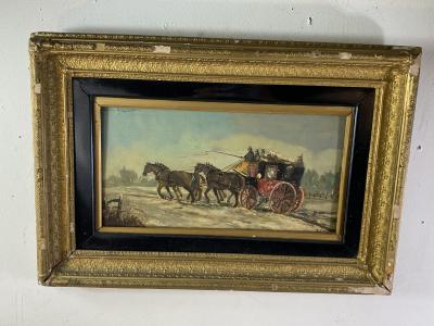 James Pollard 19TH CENTURY WINTER LANDSCAPE HORSES WITH CARRIAGE PAINTING ON BOARD