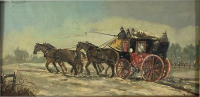 James Pollard 19TH CENTURY WINTER LANDSCAPE HORSES WITH CARRIAGE PAINTING ON BOARD