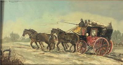 James Pollard 19TH CENTURY WINTER LANDSCAPE HORSES WITH CARRIAGE PAINTING ON BOARD
