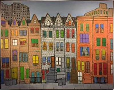 James Rizzi Modern Cityscape Painting of Homes and Buildings in the manner of James Rizzi