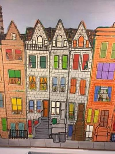 James Rizzi Modern Cityscape Painting of Homes and Buildings in the manner of James Rizzi