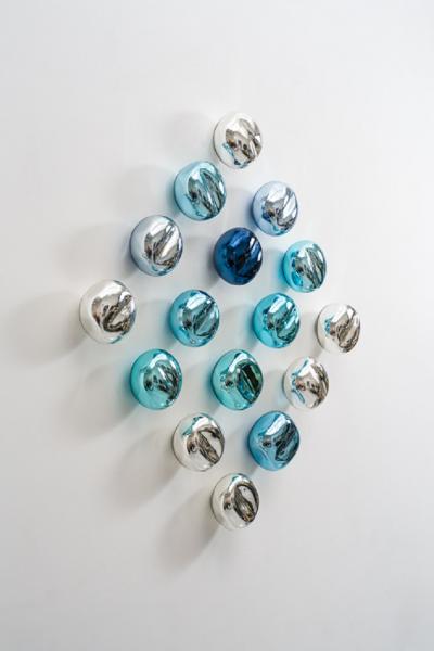 Jamie Harris Dimpled Mirrored Block Installation in Silver Aqua Copper and Steel Blue