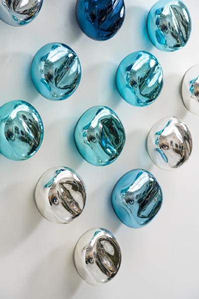 Jamie Harris Dimpled Mirrored Block Installation in Silver Aqua Copper and Steel Blue