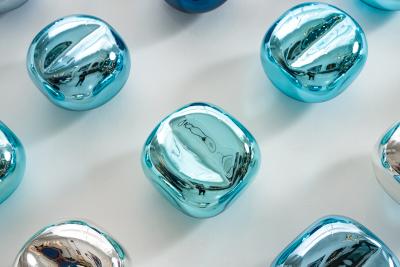 Jamie Harris Dimpled Mirrored Block Installation in Silver Aqua Copper and Steel Blue