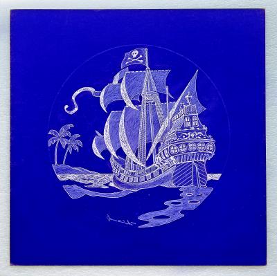 Jamie Wyeth Pirate Ship Skull and Crossbones Seven Seas Illustration in White and Blue