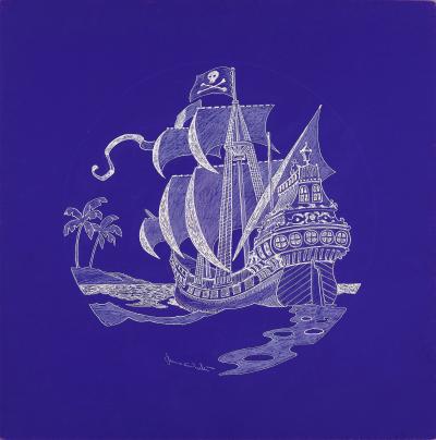 Jamie Wyeth Pirate Ship Skull and Crossbones Seven Seas Illustration in White and Blue