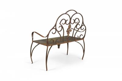 Jan Barboglio Mexican Modern Style Wrought Iron Outdoor Fleur de Lis Crest Bench