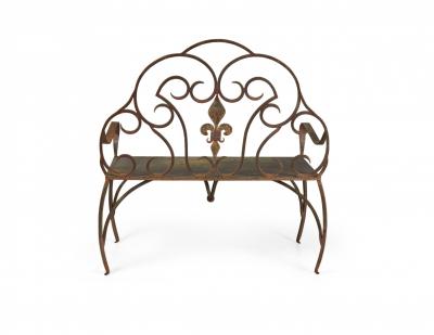 Jan Barboglio Mexican Modern Style Wrought Iron Outdoor Fleur de Lis Crest Bench